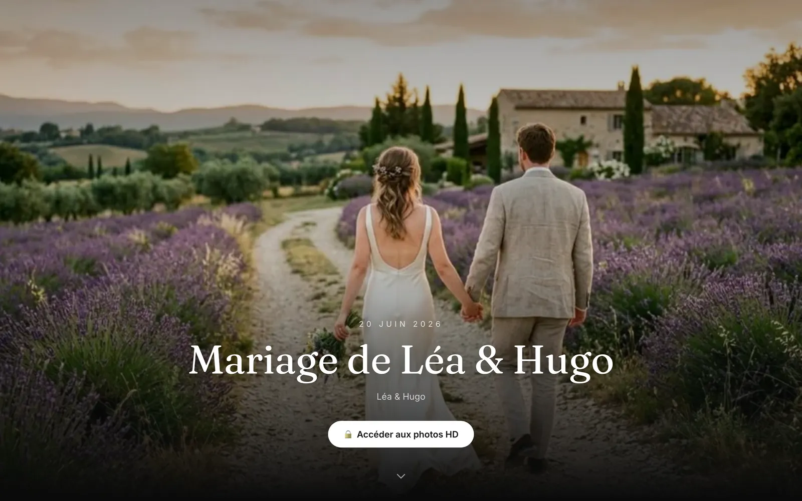 Page d'accueil d'une galerie de mariage avec la photo de couverture en plein écran